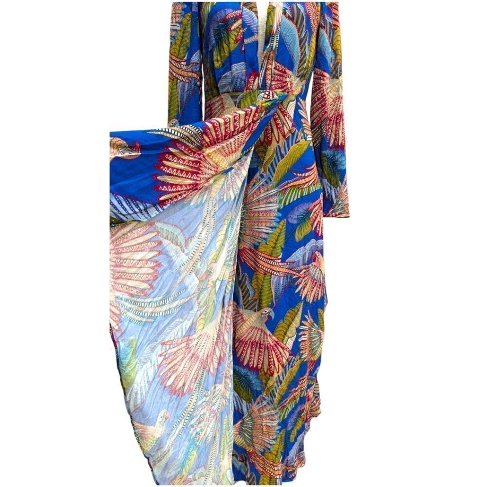FARM Rio Blue Macaw Flight Maxi Dress Women's S Festive Colorful Bird Print NWT - Picture 7 of 10